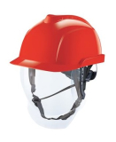 MSA V-Gard 950 Helm rot unbelftet, Lichtbogen und Ohrklappen angebracht